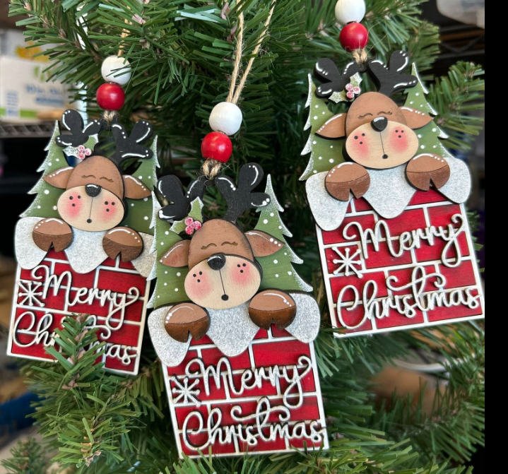 Reindeer Popping Out of Chimney Wood Ornament