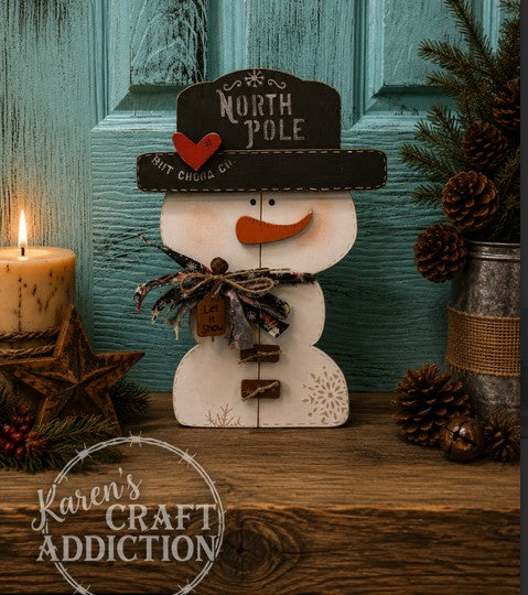 Stitched Snowman Shelf Sitter | Hand Painted | Farmhouse Christmas
