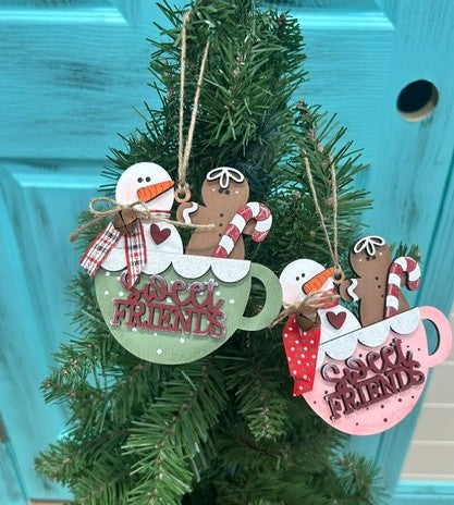 Sweet Friends Hot Cocoa Mug Christmas Ornament | Hand Painted Wood | Farmhouse Christmas