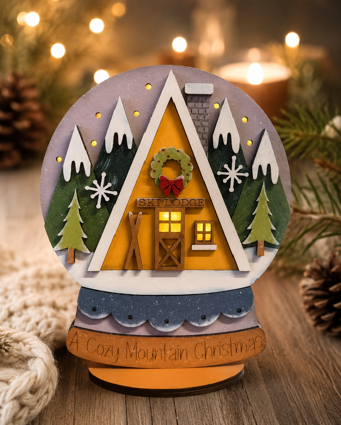 Snow Globe Ski Lodge Shelf Sitter - Hand Painted with Fairy Lights