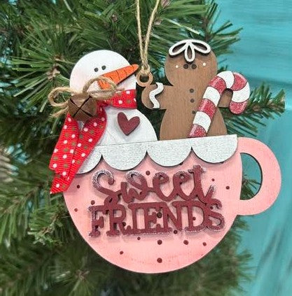 Sweet Friends Hot Cocoa Mug Christmas Ornament | Hand Painted Wood | Farmhouse Christmas