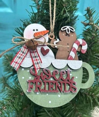 Sweet Friends Hot Cocoa Mug Christmas Ornament | Hand Painted Wood | Farmhouse Christmas