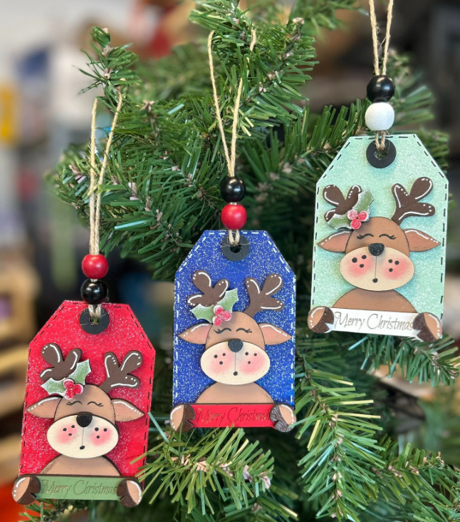 Reindeer Merry Christmas Gift Tag Shaped Wood Ornament
