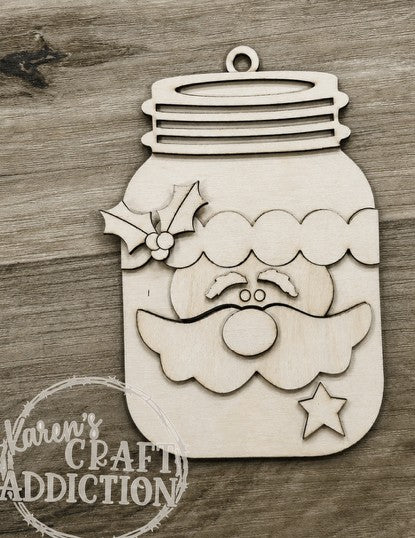 Santa Mason Jar Ornament Wood Blank | DIY Craft Kit | Birch Wood