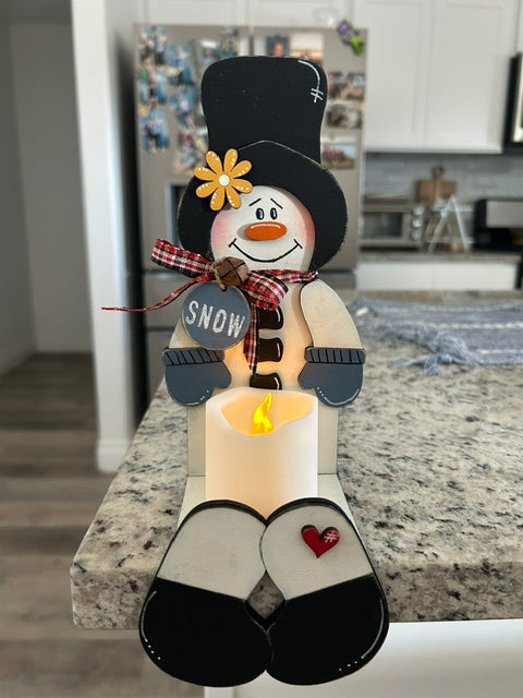 Lighted Snowman Votive Holder | Handcrafted Wooden Winter Décor | Includes Flameless LED Candle