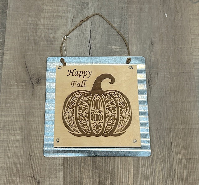 Happy Fall Folk Art Pumpkin Corrugated Metal Sign