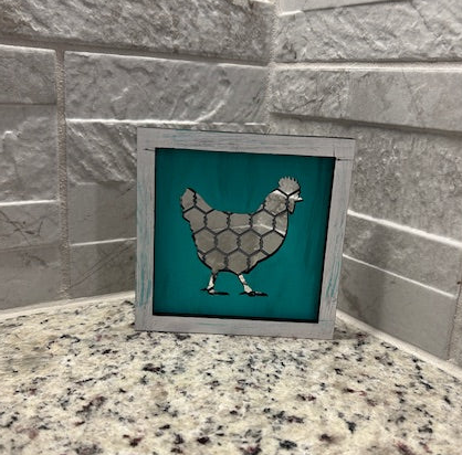 Faux Chicken Wire Farmhouse Sign - Chicken