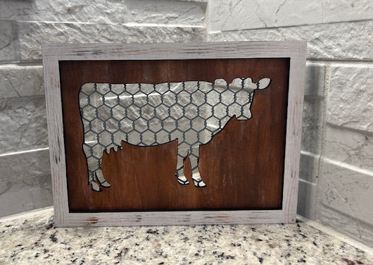 Faux Chicken Wire Farmhouse Sign - Cow