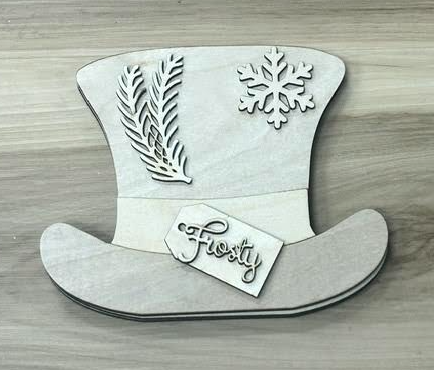 Frosty Hat wood blank kit - unfinished birch pieces including layered hat, brim, snowflake, greenery, and Frosty tag