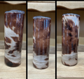 Three views of a brown and white cow hide glitter and foil epoxy tumbler