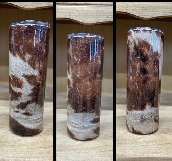 Three views of a brown and white cow hide glitter and foil epoxy tumbler
