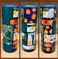Colorful 20oz skinny Halloween patchwork epoxy tumbler with pumpkins, ghosts, autumn leaves, and teal glitter