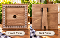 Front and back views of a finished single interchangeable wood frame with layered circular border and rear stand.