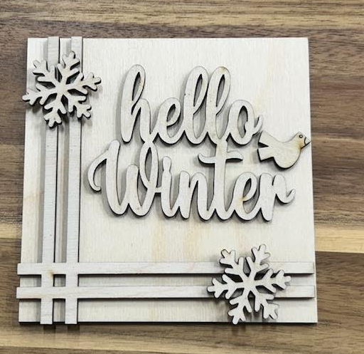 Unfinished Hello Winter wood frame insert with two snowflakes, a small bird, and intersecting stripe accents