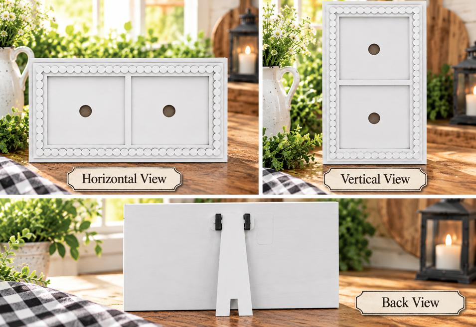 Finished white double interchangeable frame shown horizontally, vertically, and from the back with a stand