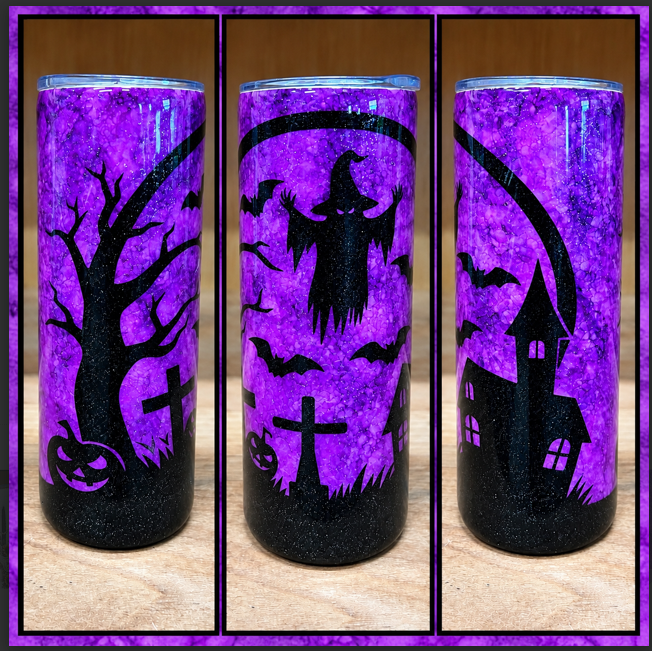 Three views of purple Haunted Graveyard epoxy tumbler with witch, bats, tree, tombstones and haunted house silhouettes