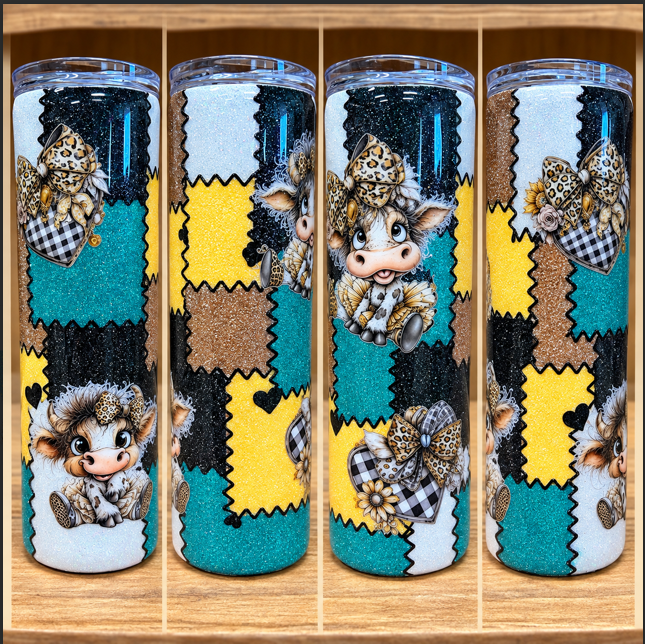 30oz skinny epoxy tumbler with all-over glitter patchwork and Highland cow decals