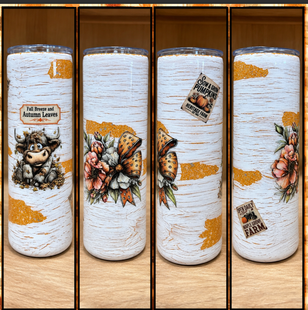 Four views of fall-themed epoxy tumbler with Highland cow, floral butterflies, orange accents and Fall Breeze and Autumn Leaves lettering