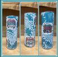 Blue and white 20oz skinny epoxy tumbler with Crafty Bitch Social Club decals