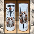 Two views of white ghost epoxy tumbler with plaid bow, autumn flowers, bats and Spirited? No. Spiteful. lettering