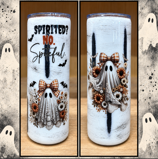 Two views of white ghost epoxy tumbler with plaid bow, autumn flowers, bats and Spirited? No. Spiteful. lettering