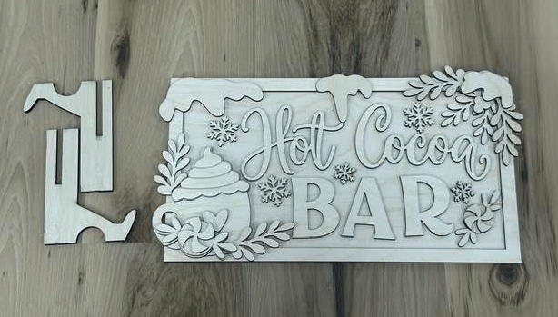 Unfinished Hot Cocoa Bar birch wood blank with layered lettering, cocoa mug, peppermint details, and separate stand pieces.