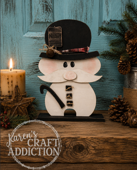 Mustache Snowman with Candy Cane Shelf Sitter - hand painted farmhouse Christmas decor