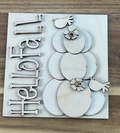 Unfinished Hello Fall wood frame insert with three stacked pumpkins, birds, flowers, and vertical lettering