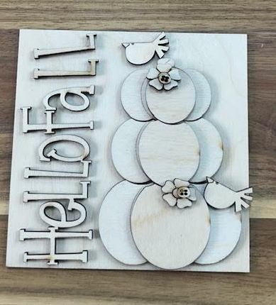 Unfinished Hello Fall wood frame insert with three stacked pumpkins, birds, flowers, and vertical lettering