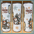 White 20oz skinny epoxy tumbler with bundled-up snowmen, snowflakes, and It's Freezin Season design