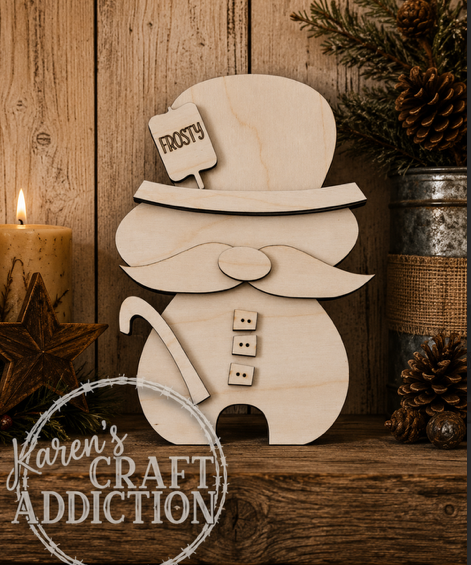 Mustache Snowman with Candy Cane Wood Blank - unfinished laser cut birch