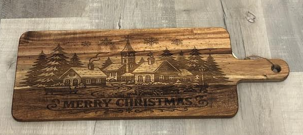 Charcuterie Board - "Merry Christmas" Snowy Village Scene - XL Paddle