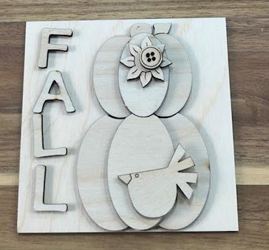 Unfinished Fall Pumpkins wood frame insert with stacked pumpkins, flower, bird, and FALL lettering