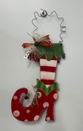 Festive hand-painted elf boot door hanger with striped stocking, ribbons, fluffy trim, and wire hanger