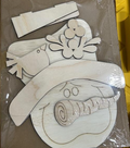 Unfinished snowman head shelf sitter wood blank with carrot nose, decorated hat, and stand pieces