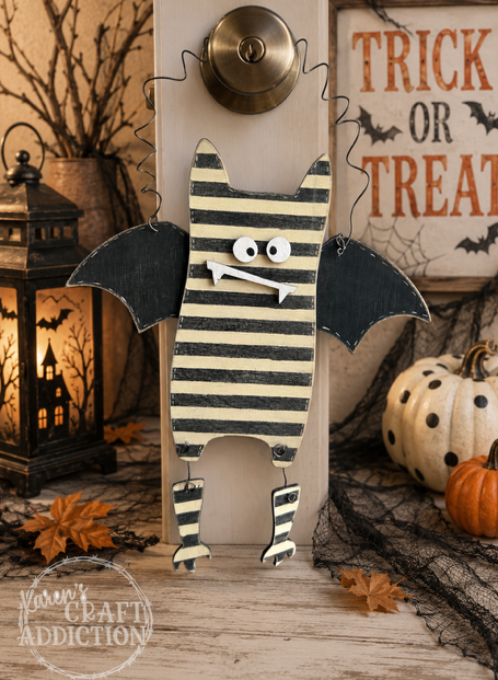 Striped Bat Door Hanger - hand painted farmhouse Halloween decor