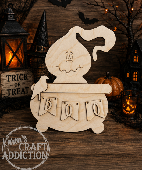 Ghost in Cauldron with BOO Banner Wood Blank - unfinished laser cut birch Halloween craft