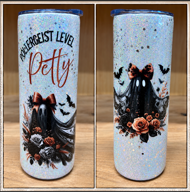 Pretty 20oz skinny epoxy tumbler with a ghost, bats, roses, and Poltergeist Level Petty design