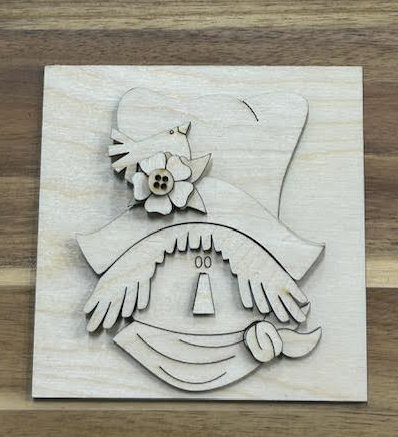 Unfinished smiling scarecrow frame insert with tall hat, flower accent, and layered hair