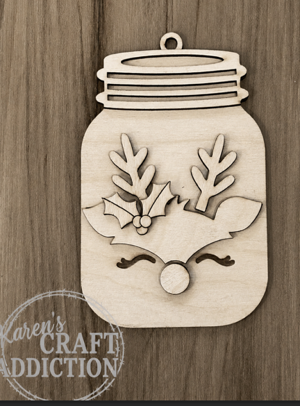 Rudolph Mason Jar Ornament Wood Blank - unfinished birch wood laser cut
