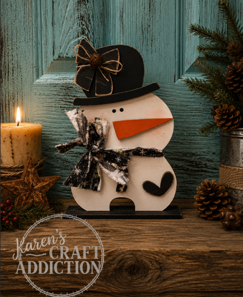 Top Hat Bow Snowman Shelf Sitter - hand painted farmhouse Christmas decor