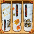 White 20oz skinny epoxy tumbler with autumn leaves, a bundled snowman, and Falling Leaves and Frosty Fun design