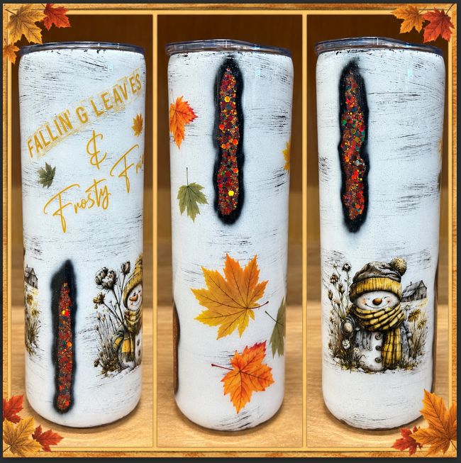 White 20oz skinny epoxy tumbler with autumn leaves, a bundled snowman, and Falling Leaves and Frosty Fun design