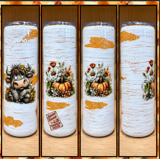 Four views of white and orange epoxy tumbler with Highland cow, pumpkins, flowers and Autumn Harvest Pumpkin Patch sticker