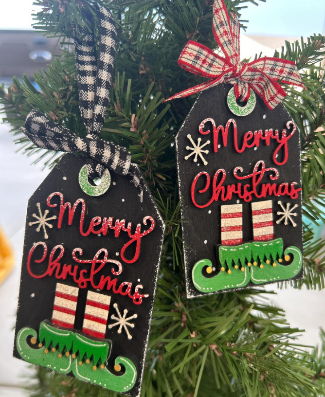 Elf Legs Merry Christmas Gift Tag Wood Ornament