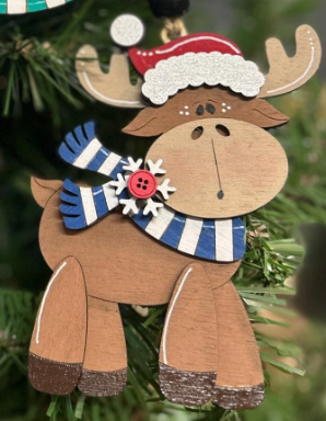 Moose with Santa Hat & Scarf Wood Ornament
