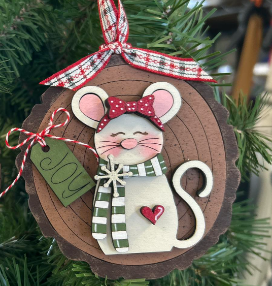Girl Mouse "Joy" Log Slice Wood Ornament