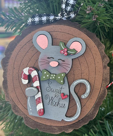 Boy Mouse with Candy Cane Log Slice Wood Ornament