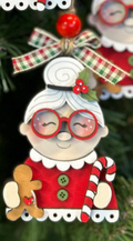 Mrs. Claus with Gingerbread Man & Candy Cane Wood Ornament