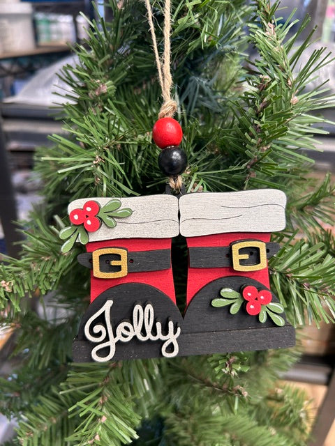 Jolly Santa Boots Christmas Ornament | Hand Painted Wood | Farmhouse Christmas
